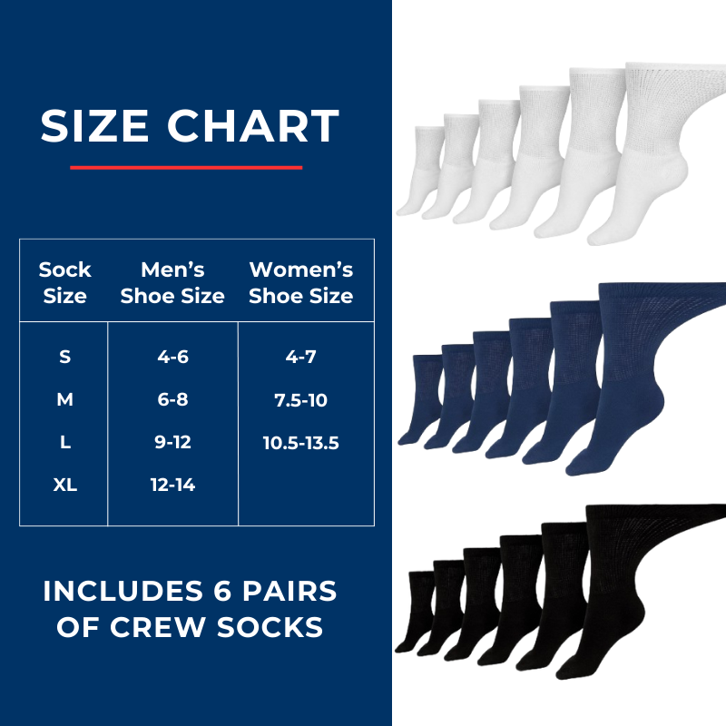 Men's Cotton Diabetic Crew Socks – 6-Pair Pack, Non-Binding Comfort