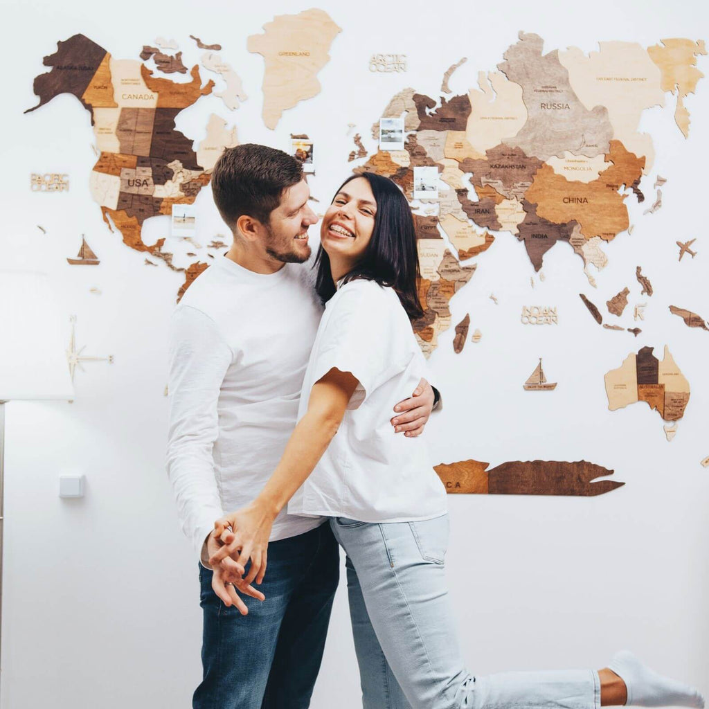 3D Wooden World Map – Multicolor Layered Wall Art