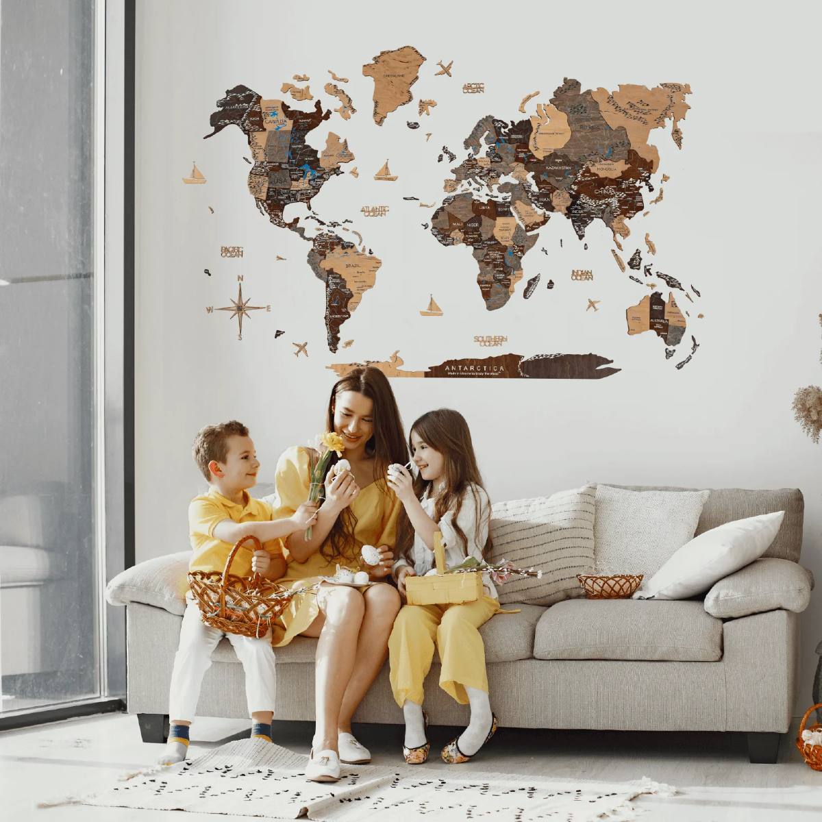 3D Wooden World Map – Multicolor Layered Wall Art