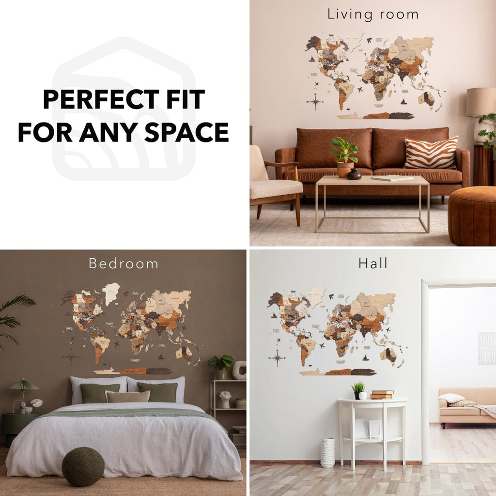 3D Wooden World Map – Multicolor Layered Wall Art