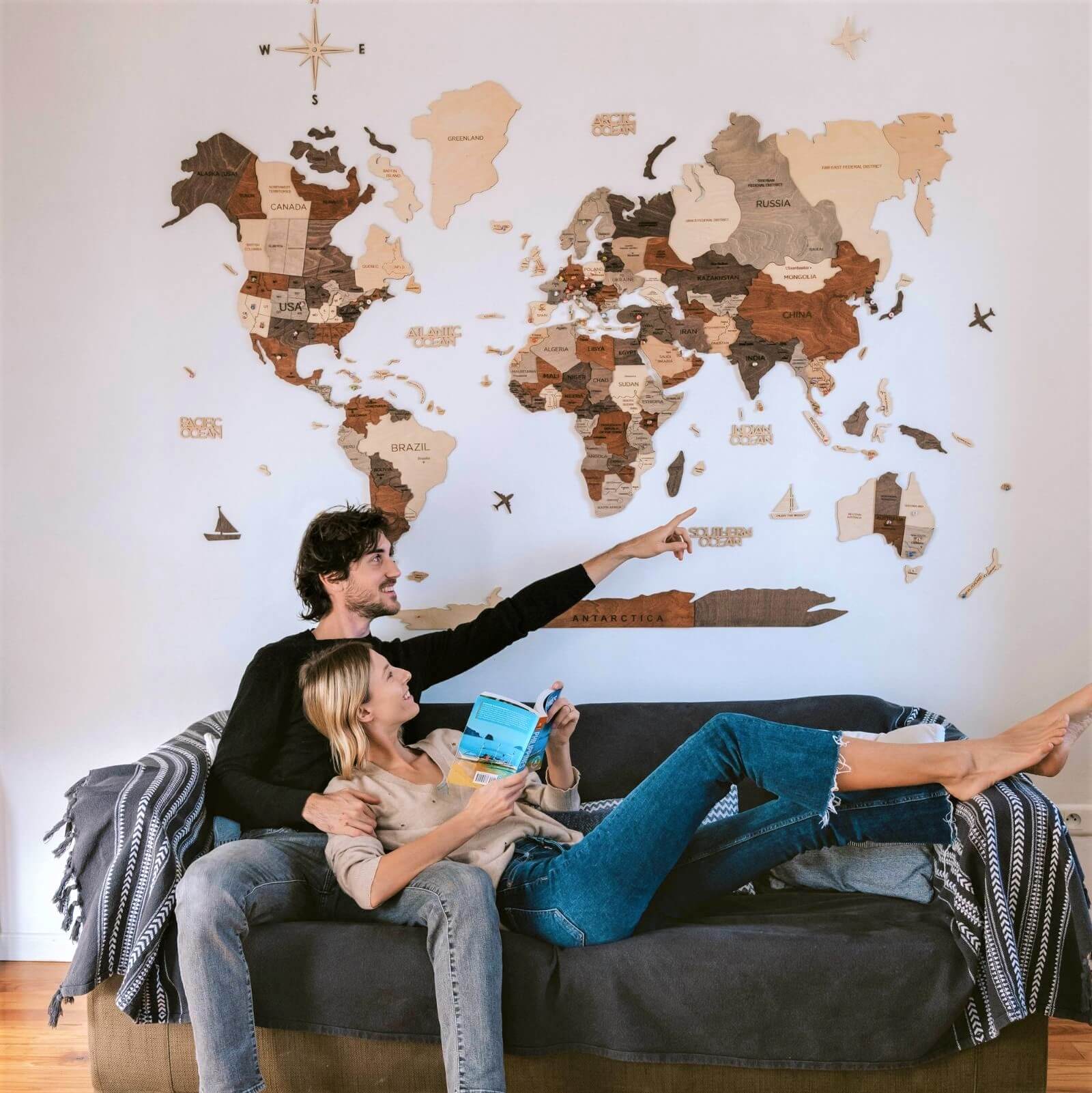 3D Wooden World Map – Multicolor Layered Wall Art