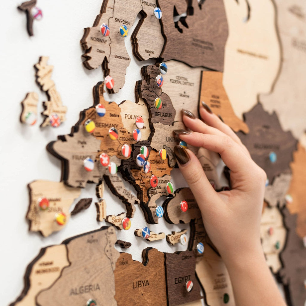 3D Wooden World Map – Multicolor Layered Wall Art